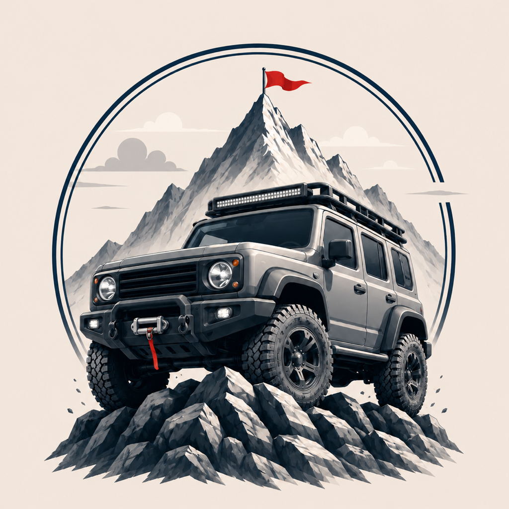 Внедорожник Tract на фоне горы с красным флагом